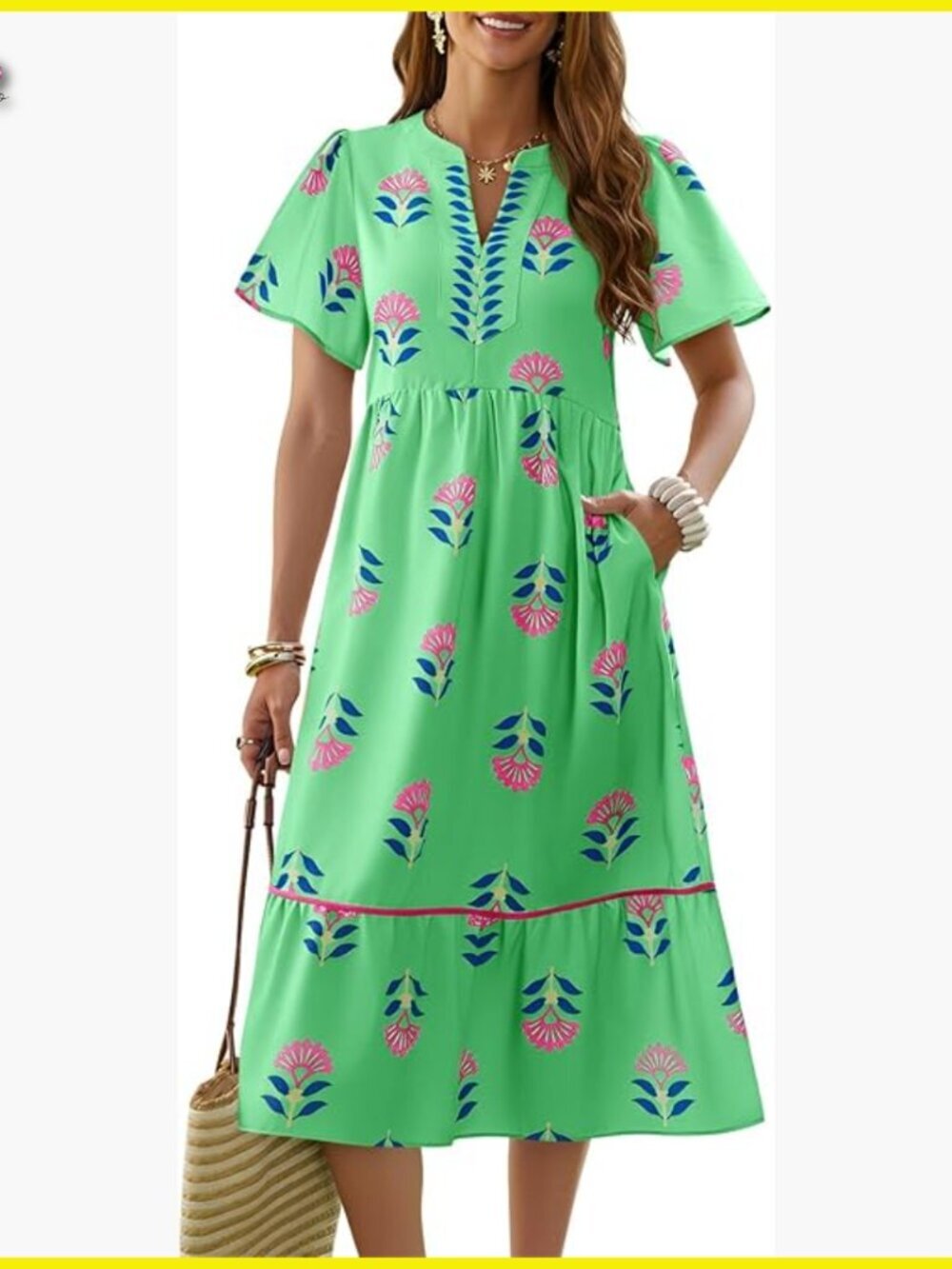 Summer Floral Midi Dress Casual V Neck Short Sleeve Boho Beach Sundress